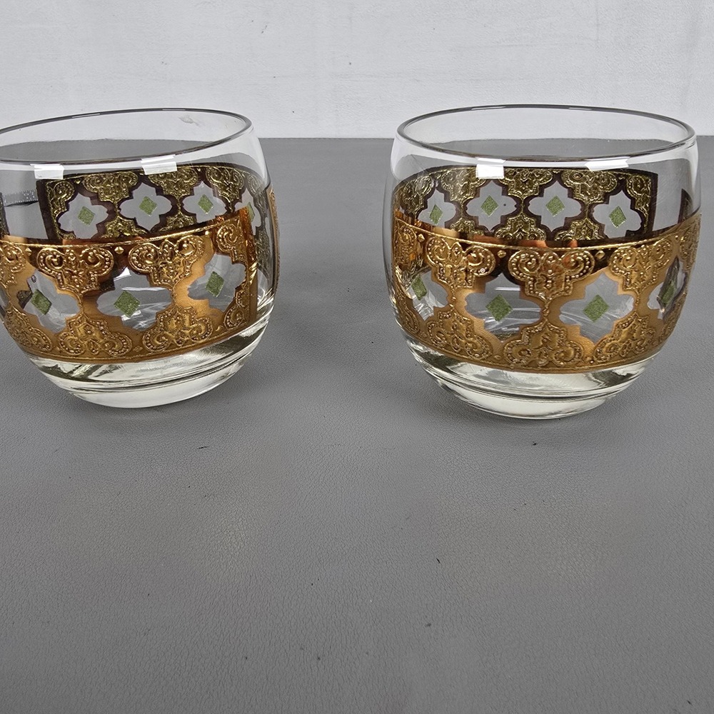 Culver Valencia 22k Gold Filigree Green Diamond Lowball Whiskey Glasses Set of 2